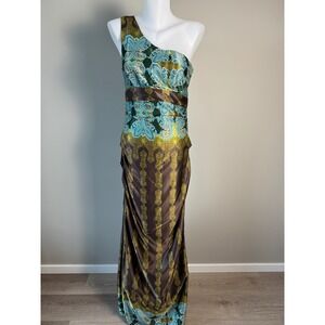 Rubber Ducky One Shoulder Paisley Satin Maxi Gown M Bohemian Formal Event Boho